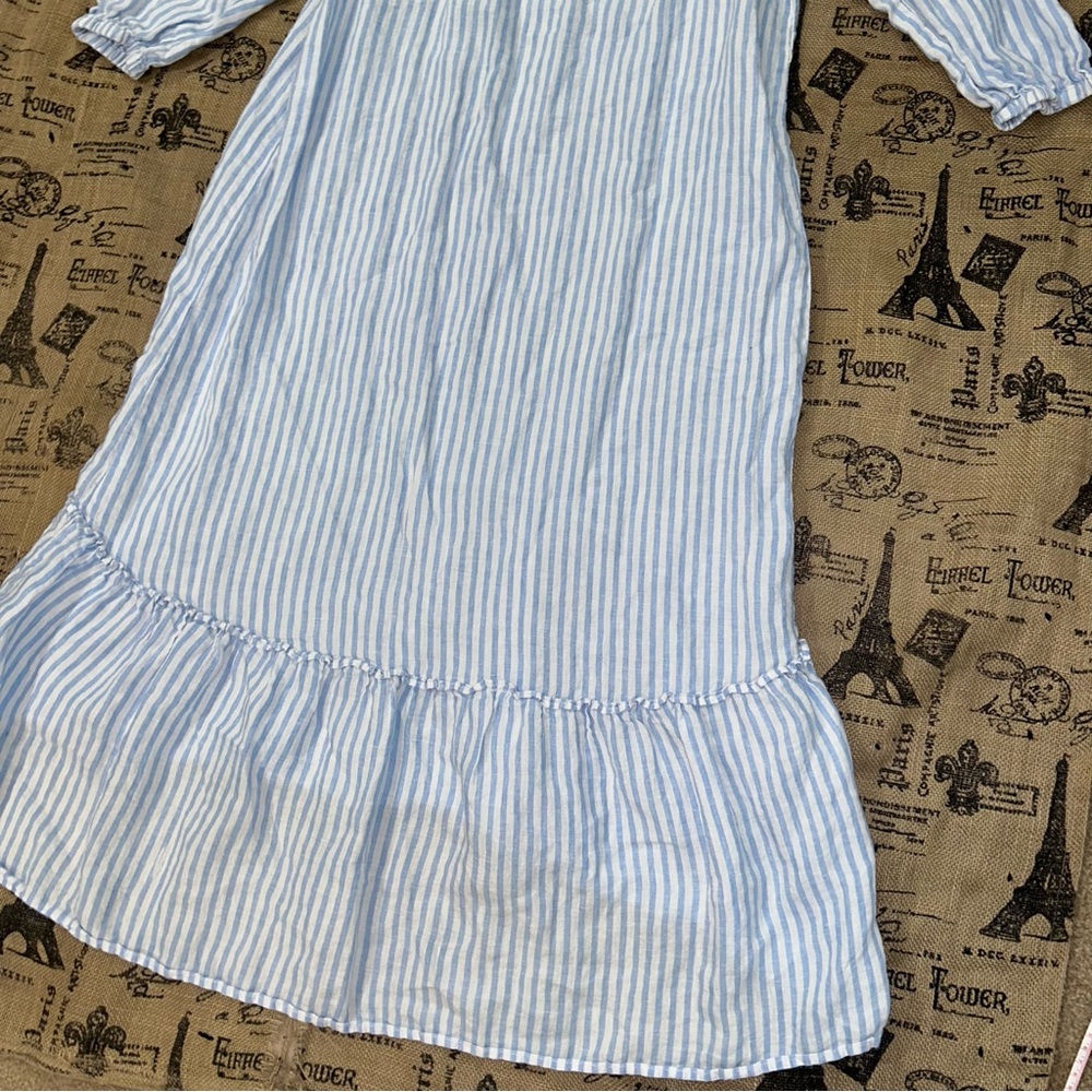 Saks Fifth Avenue 100% Linen Blue White 3/4 Sleeve Off Shoulder Maxi Dress - Picture 12 of 16